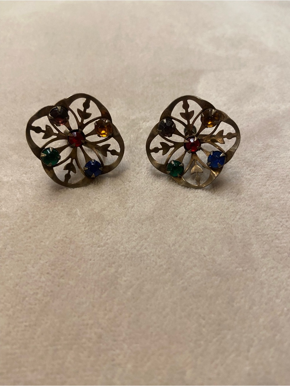 Antique Filigree Clip-On Earrings with Gem Accents